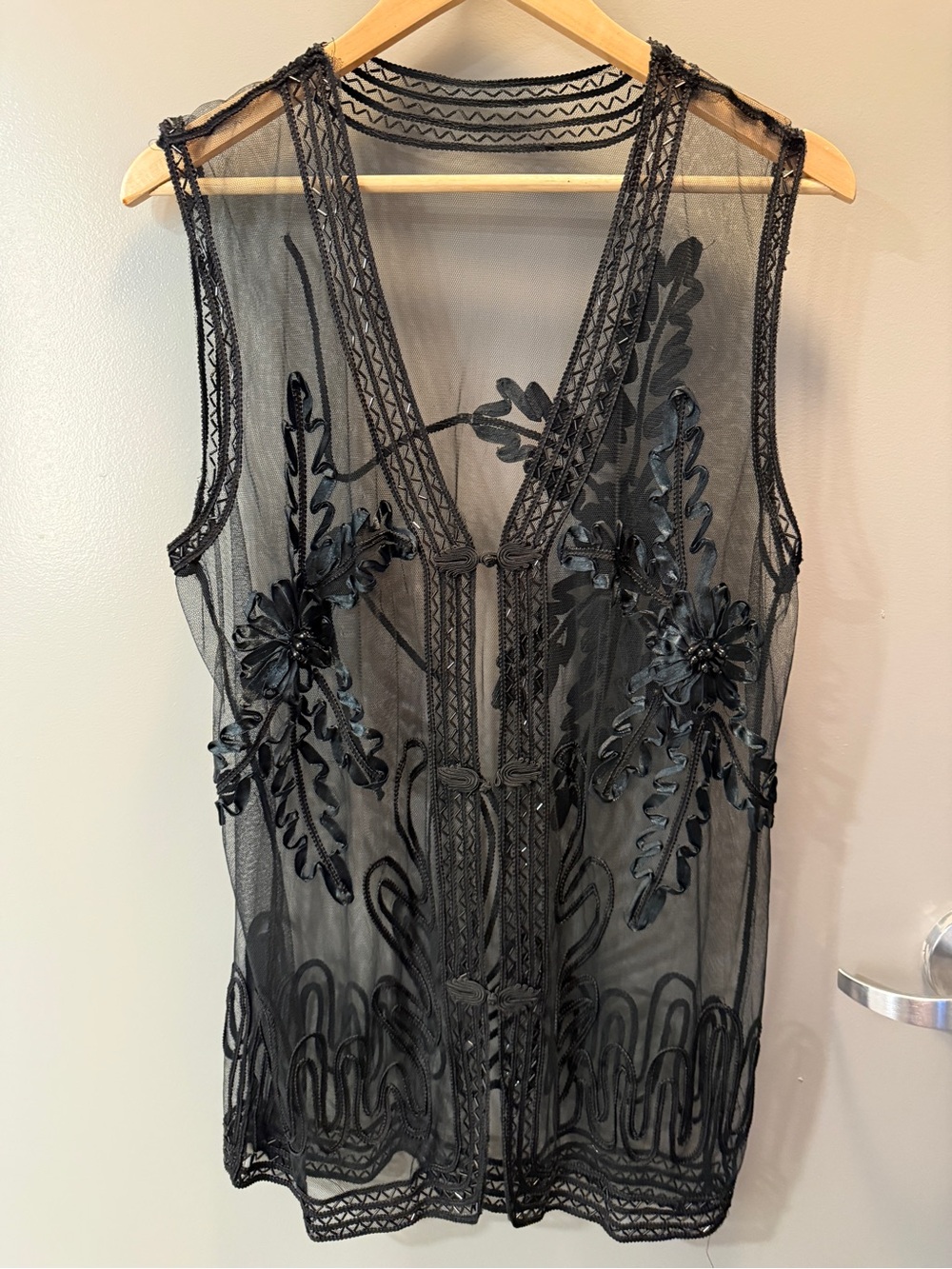 Black Sheer Embroidered Gothic Boho Mesh Vest Floral Overlay